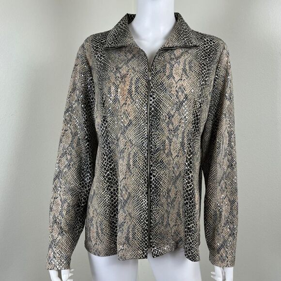 Misook Womens Size L Brown Sequin Snakeskin Print Lightweight Full Zip Jacket - Picture 11 of 13